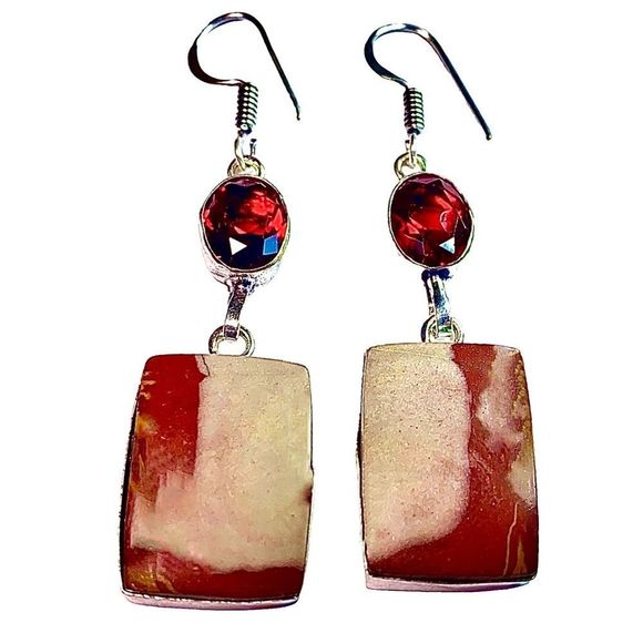 Nora Jasper & Garnet Gemstones in Handcrafted 925 Stamped Earrings - Picture 2 of 5